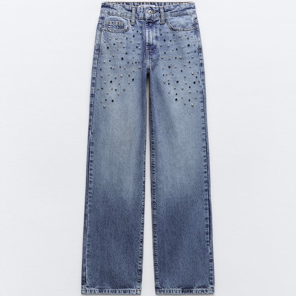 Zara Jeweled Rhinestone Blue Straight Full Length Jeans
